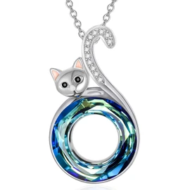 AOBOCO - Collar de gato de plata de ley con colgante de gatito adornado con cristales de Austria, regalos de gato para amantes de los gatos, joyería de gato fina, regalos para mujeres, Metal, Cristal