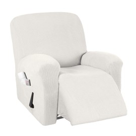 Stretch Recliner Chair Cover Recliner Slipcover 1 Piece Furniture Protector with Elastic Bottom Chair Slipcover with Side Pocket Thick Soft Small Checked Jacquard Chair Cover, Off White