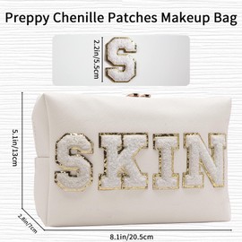 Elehui Skin Makeup Bag Preppy Patch Cosmetic Pouch Chenille Varsity Letter Purse Aesthetic Trendy Stuff Gifts for Teens Girls Women, Cute Pink Travel Skincare Toiletry Storage Organizer