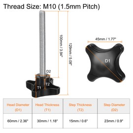 sourcing map 5pcs Star Clamping Knobs M10 x 100mm Metric Male Thread 60mm 4-Point Plastic Head Threaded Stud Knob Hand Tightening Thumb Screw Jig Handle, Black