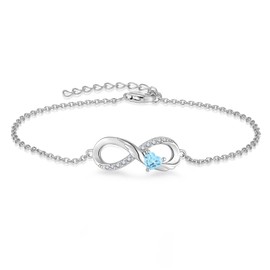 Starchenie 925 Sterling Silver Infinity Bracelet Adjustable Angel Wings Heart Birthstone Bracelet for Women March Aquamarine