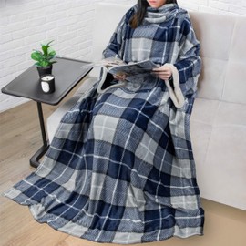 PAVILIA Deluxe Fleece Blanket with Sleeves for Women Men Adult, Wearable Blanket Warm Cozy, Super Soft Sleeved Throw with Arms Pocket, Gift for Women Mom Wife (Plaid Navy)