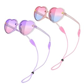 FDRJKN 2 Pairs Kids Sunglasses Boys Girls, Heart Shaped Sunglasses with 2 Anti-Loss Straps, UV Protection for Toddlers Age 1-2, Children’s for Outdoor Beach Party