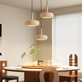 Wabi Sabi Pendant Light Natural Stone Shade Nordic Wood Chandelier,Yellow Travertine Cave Lamp, Japanese Style Lights 15W,Natural Stone Lights for Dining Room Bedside Kitchen Island Hallway