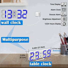 EAAGD Digital Alarm Clock, 3D LED Electronic Clocks, Snooze Model, 3 Adjustable Brightness, Wall Clock for Office Table Bedroom Nightstand (White/Blue)