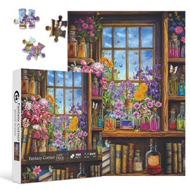 Vintage Window Bookshelf Puzzles for Adults 1000 Piece, Plant Floral Potion Book Jigsaw Puzzle for Vintage Collect Lovers, Retro Bookshelf Puzzle with Blossoming Wildflower, Color Bottle,and Butterfly