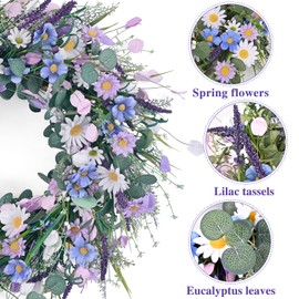 Waipfaru Waipfaru Spring Wreaths for Front Door, 22 Inchs Spring Daisy Wreath Summer Wreath with Floral Lanvender for Indoor Outdoor Wall Porch Window Decor and Festival Celebration