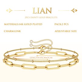 Lian 2Pcs Dainty Gold Bracelets for Women Girls Layered Gold Bracelets Paperclip Chain Link Bracelet Anklet 14K Gold Plated Boho Adjustable Bracelets for Women Jewelry