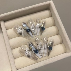 Jieadjie Uñas Postizas (100% Hechas A Mano), Almendras, Forma De Gota, Diseño De Uñas Pintado A Mano Por Un Técnico De Uñas, Versión Diaria (Camelia Pintada A Mano, Pe Camelia Pintada A Mano Pequeñ