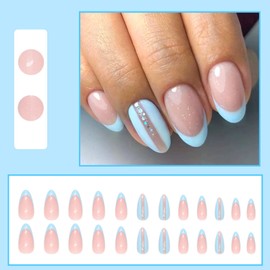 Almond Press on Nails Short, 24Pcs Blue French Tips False Nails with Glitter Design, Glossy Stick on Nails Artificial Oval Shape Elegant Fake Nails for Women Girls Manicure Salon