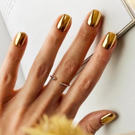 Gold Press On Nails Short Square Fake Nails Acrylic Nails Press Ons Full Cover False Nails With Gold Glossy Designs Artificial Glue On Nails Short Reuseable Stick On Nails For Women 24Pcs