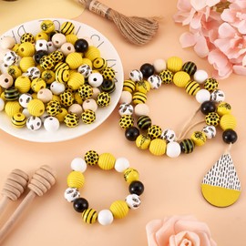 Bestewelry 160pcs Bee Wood Beads Round Wooden Craft Beads Stripe Honeybee Bumble Bee Beads for Farmhouse Garland Jewelry Making
