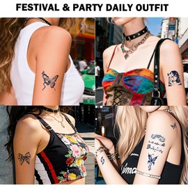 12 láminas de tatuajes semipermanentes realistas para adultos, tinta jagua de origen vegetal de larga duración (2 semanas), resistentes al agua, con diseño de mariposa y serpiente gótica.