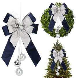 AIMUDI Navy Blue Christmas Tree Topper Bows, 11 x 16 Inches Blue Christmas Bows Silver and Blue Bows for Christmas Tree Decorations Velvet Ribbon Bows for Wreaths, Lantern, Cabinet, Staircase, 1 PC