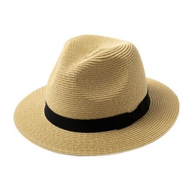 Comhats Straw Fedora Panama Hats for Men Women Summer Beach Sun Hat for Ladies UPF Wide Brim Packable Travel w/Black Band Beige L