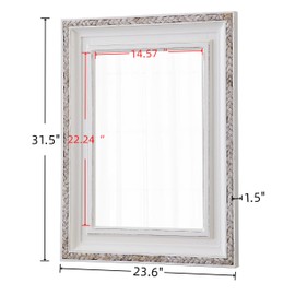 Sintosin Boho Rattan Mirrors for Wall Decor Living Room 24 X 32 Inch, Distressed White Wood Frame Rectangle Farmhouse Rustic Mirror for Bathroom Hallway Entryway, Horizontal or Vertical Hanging