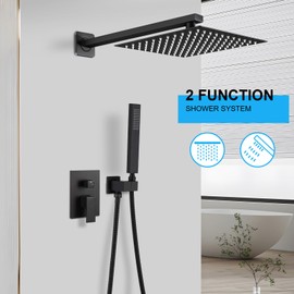 SGUVK Matte Black Shower Faucet Set, Rainfall Bathroom Shower System Fixture 12 Inch High Pressure Square Rain Shower Head with Handheld Sprayer Combo Wall Mount with cUPC Certified Rough-in Valve