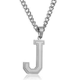 RWQIAN Large Initial Letter Necklace for Men Women,Sliver Stainless Steel Chain with J Alphabet Pendant,Name Capital Letter Necklaces for Sports Athletes Men Women Graduation Initial Gifts