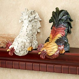 Touch of Class Content Rooster Shelf Sitter Set of Two - Resin - Green, Orange, Yellow, White, Black - Decorative Chanticleer Sculptures for Kitchen, Dining Room, Sideboard