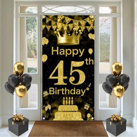 Tecreo 45th Birthday Party Decorative Door Cover, Large Black & Gold Happy 45th Birthday Door Banner Sign, Photo Booth Backdrop Background Banner for 45 Birthday Party Favor & Supplies