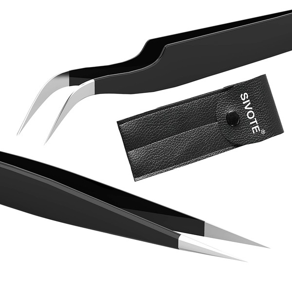 Sivote Eyelash Tweezers, 2-Pack, Hand Calibrated Straight and Curved Tips, Stainless Steel Lash Tweezers for Eyelash Extensions, Black