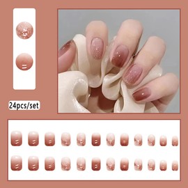 Clataly 24 Pcs Short Pink Gradient Fake Nails Square Glossy Press on Nails Black White Acrylic Nails Cute Nude Pink False Nails for Women Girls (B)