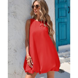 YEXPINE Women's Bubble Mini Dress Sleeveless Crewneck Keyhole Tie Back Tank Sundress with Pockets Red