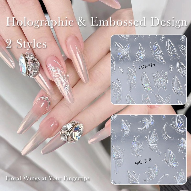3D Butterfly Nail Art Stickers - 6pcs (2 Styles), Holographic