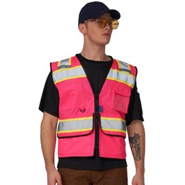 A-SAFETY Pink High Vis Reflective Safety Vests for Men Women medium High Visibility Vest with Pockets Mesh Fabric pink Construction Safety Apparel Neon Vest for Work