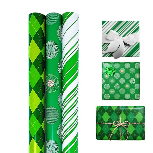 Ainmto Green Gift Wrapping Paper, 3 Rolls (43 cm x 3 m per roll), Ideal for Gift Wrapping and Craft Creations