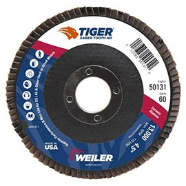 Weiler 50131 Saber Tooth 7/8" Arbor, 4-1/2" Diameter, 60 Grit, Ceramic, Phenolic Backing, Flat High Density Abrasive Flap Disc