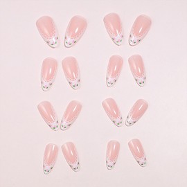 Press on Nails Almond Medium Fake Nails White French Tip Nails Press ons Glossy Glue on Nails Nude False Nails with Flower Designs Cute Acrylic Nails Artificial Stick on Nails for Women 24 Pcs