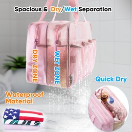 ELCUPA Large Mesh Shower Caddy with Wet & Dry Zones – Portable Hanging Toiletry Bag for College Dorm Room Essentials, Travel, Gym, Camping, Beach Tote Bag – Quick-Dry Shower Tote Organizer