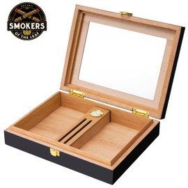 SOTL Smokers of The Leaf - Handcrafted Cigar Humidors Humidifier Box with Inside Hygrometer │Glass Top for 20-25 Cigars │Cigar Accessories │ Cigar Case │ Gift for Groomsmen │ Black