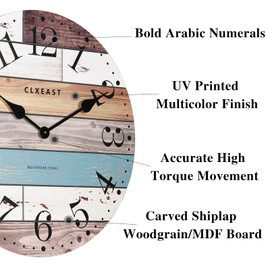 CLXEAST 24 Inch Multicolor Woodgrain Shiplap Wall Clocks for Living Room Decor, Large Farmhouse Wall Clock,Coastal Beach Nautical Style,House Warming Gifts New Home