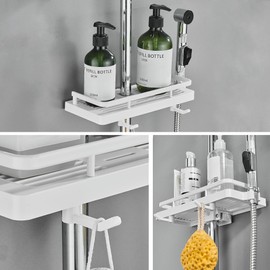 Hoomtaook Shower Shelf for Shower Rail Shower Caddy No Drilling Hanging Shower Shelves Accessories Brackets with Two Hooks and Shower Head Hooks Suitable for [21 mm-25 mm] Rail Plastic, Pack of 2