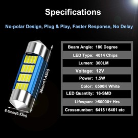 2PCS 6418 LED Car Bulb 1.42in 36mm Festoon LED Light Bulb Super Bright 16-SMD 4014 Chipsets, 6413 C5W 6461 6423 Canbus No Error LED Lamp for Car Interior Map Dome License Plate Lights 6500K White