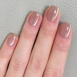 24Pcs Glitter Cat Eye Press on Nails Short Square, Nude Pink French Tips False Nails in 12 Sizes, Acrylic Full Cover Stick on Nail with Jelly Glue, Removable Fake Nail for Women Daily Holiday Wear