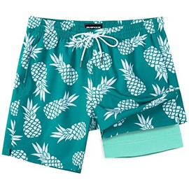 SURF CUZ Mens Swim Trunks with Compression Liner 7" Swimming Trunks Quick Dry Swim Shorts Stretch Bathing Suit Board Shorts Zipper Pockets Green White Pineapple Small