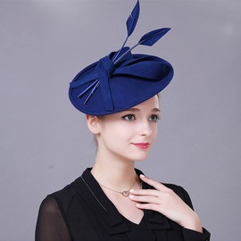 HIMESPORT Wool Felt Fascinators Hats for Women with Feather Pillbox Hats Lady Formal Church Derby Dress Elegant Wedding Fedora Hat Blue