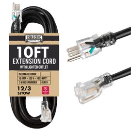 10 Ft Outdoor Extension Cord - 12/3 SJTW Heavy Duty Yellow 12 Gauge Lighted Electrical Cable with 3 Prong Grounded Plug