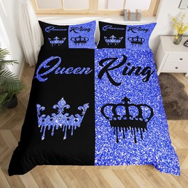 Homemissing Black and Dark Blue Crown Queen and King Duvet Cover Double Size for Adults Couple Men Women,Valentine'S Day Wedding Gifts,His and Hers Quilt Cover 2 Pillowcases Bedroom Decor(No Glitter)