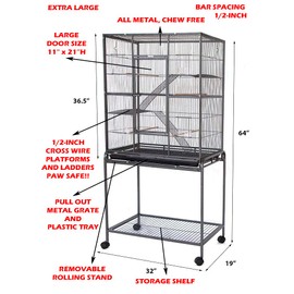 54"/64" Extra Large Wrought Iron 4-Levels Ferret Chinchilla Sugar Glider Mice Rat Mouse Hamster Cage Tight 1/2-Inch Bar Spacing Removable Rolling Stand (32" x 19" x 64" (LxWxH), Black Vein)