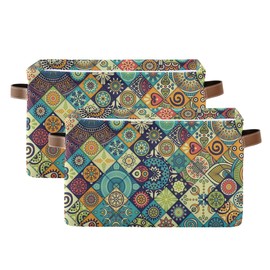 ALAZA Fabric Storage Boxes with Leather Handle, Set of 2, Boho Pattern Waterproof Collapsible Canvas Organiser Cubes Toys Clothes Storage Cube Bins for Shelves Closet Household Organizer