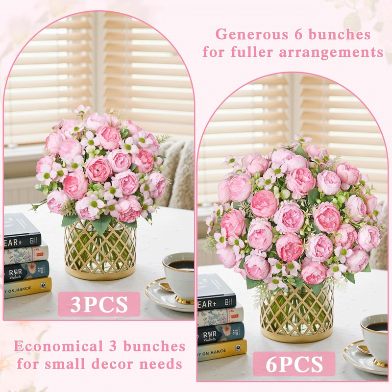 DEMIUKO 6 Bunches Peony Artificial Flowers Small Bouquets Pink Wedding
