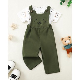 SUNNY PIGGY Baby Boy Clothes Newborn Outfits Short Sleeve Bear Print Romper Adjustable Suspender Overalls Jumpsuit Green-3-6M