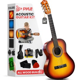 Pyle Beginner Acoustic Guitar Kit, 3/4 Junior Size All Wood Instrument for Kids, Adults, 36" Brown Gloss