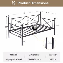 VECELO Classic Metal Daybed Frame Mattress Foundation Bed Sofa with Headboard - Black