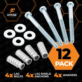 Concrete Anchors Set with 6" Lag Bolt, Lag Shield and Washer - 12 Sets per Pack - 1/2" Bolt Lag Screws 6-Inch for Parking Curb Stop - Galvanized Steel Lag Bolts