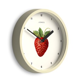 Jones Clocks® Fruit wall clock | Small modern round clock | 20cm | Cream | Illustrated strawberry artwork | Ideal for kitchen, office, children's room or any small space